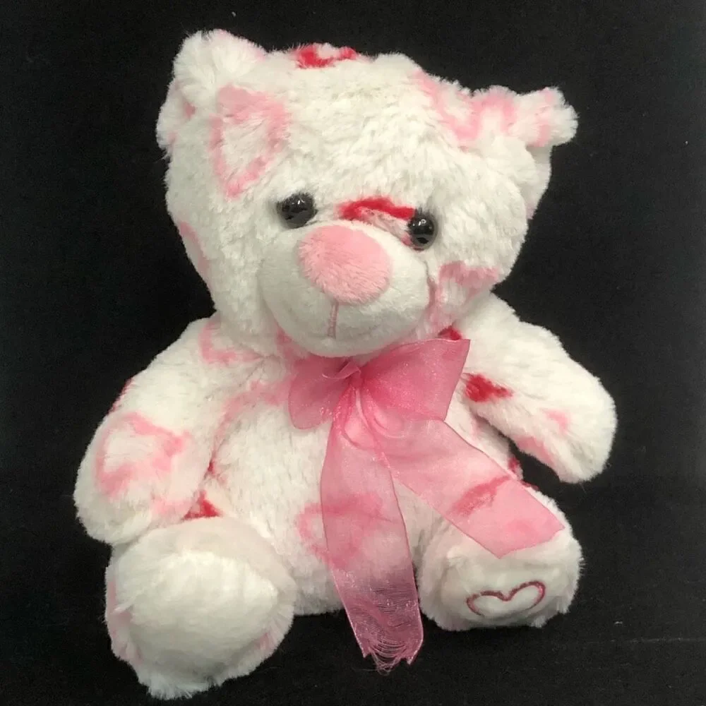 white pink hearts‎ teddy bear valentines sweetheart ribbon bear soft 8 inch